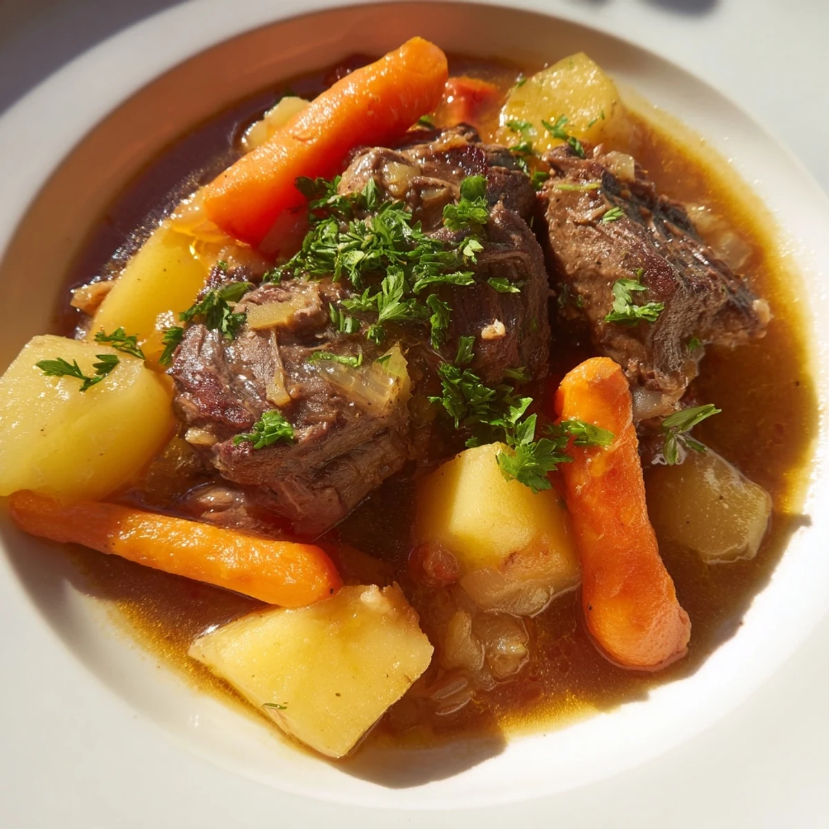 Close-up view of Lamb Stew with Root Vegetables, showcasing glistening broth, soft rutabaga cubes, and aromatic thyme sprigs for a comforting meal.