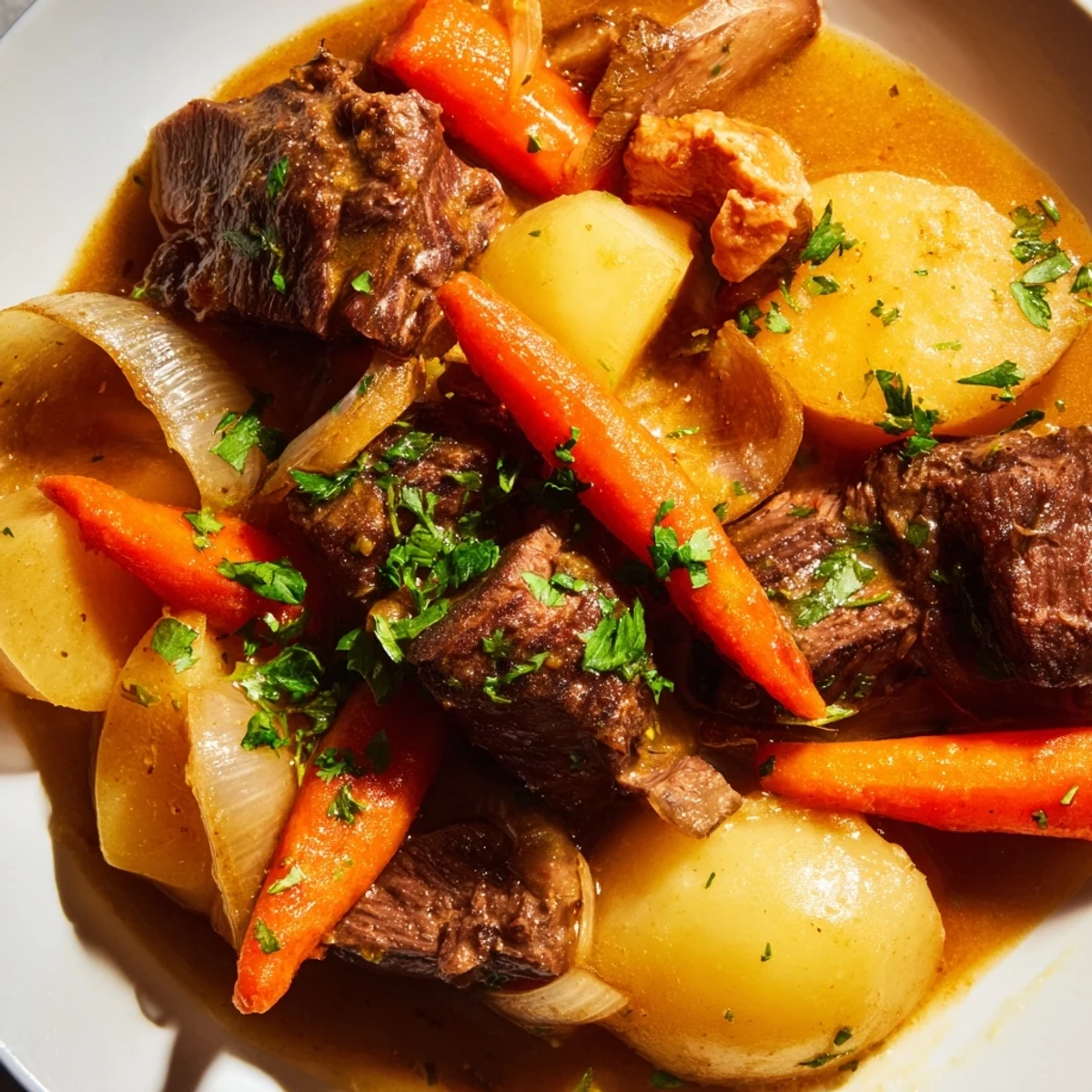 Savory Lamb Stew with Root Vegetables served in a rustic bowl, garnished with fresh parsley, alongside crusty bread for a hearty family dinner.