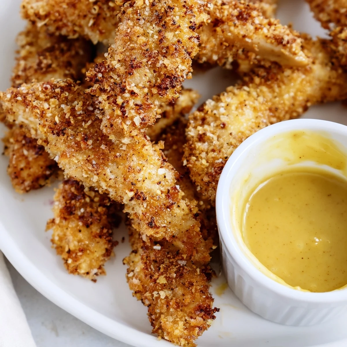 Juicy, hand-breaded Chicken Tenders with Honey Mustard served hot with fries and a fresh green salad.