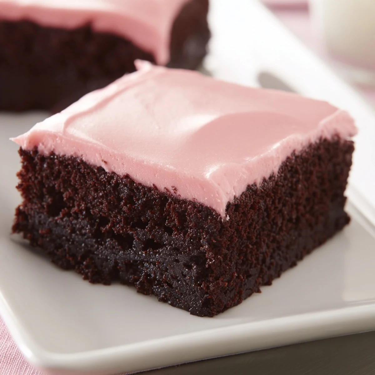 Rich, fudgy chocolate brownies topped with bright pink frosting sit on a marble counter, perfect for a party dessert.