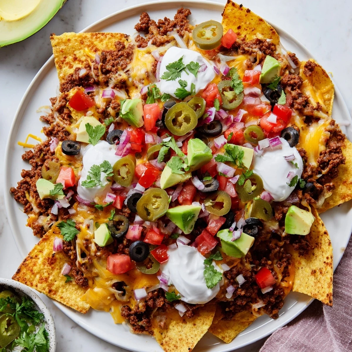 A close-up of Nachos Supreme with Sour Cream, featuring golden melted cheese over crispy chips, seasoned beef, and fresh diced avocado.
