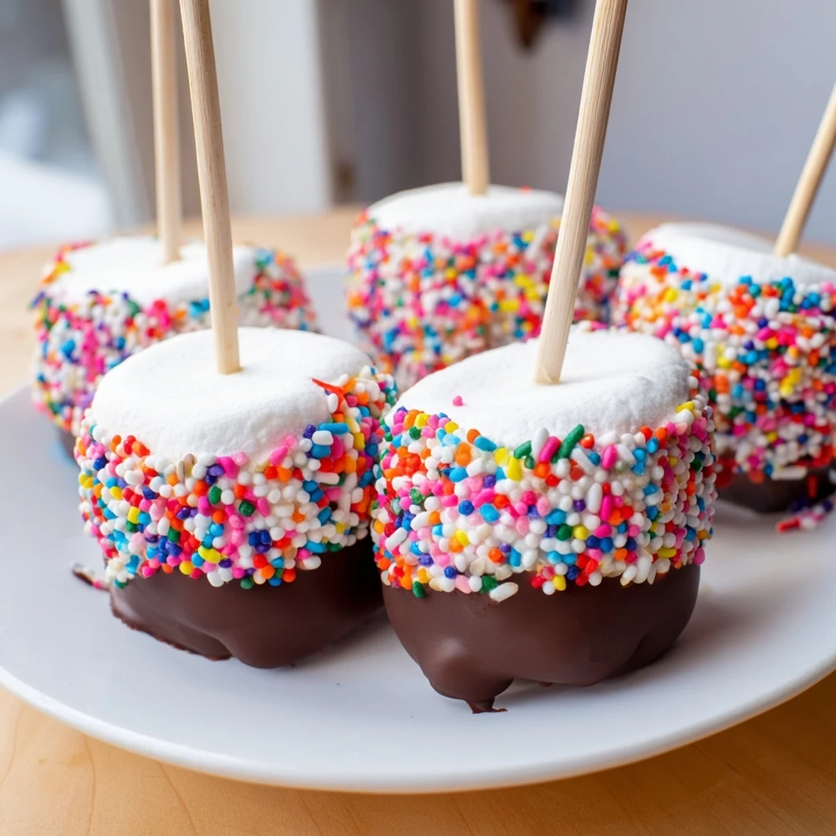 Dipped Marshmallows with Sprinkles: fluffy marshmallows coated in glossy chocolate, studded with bright rainbow sprinkles for a festive party treat.  