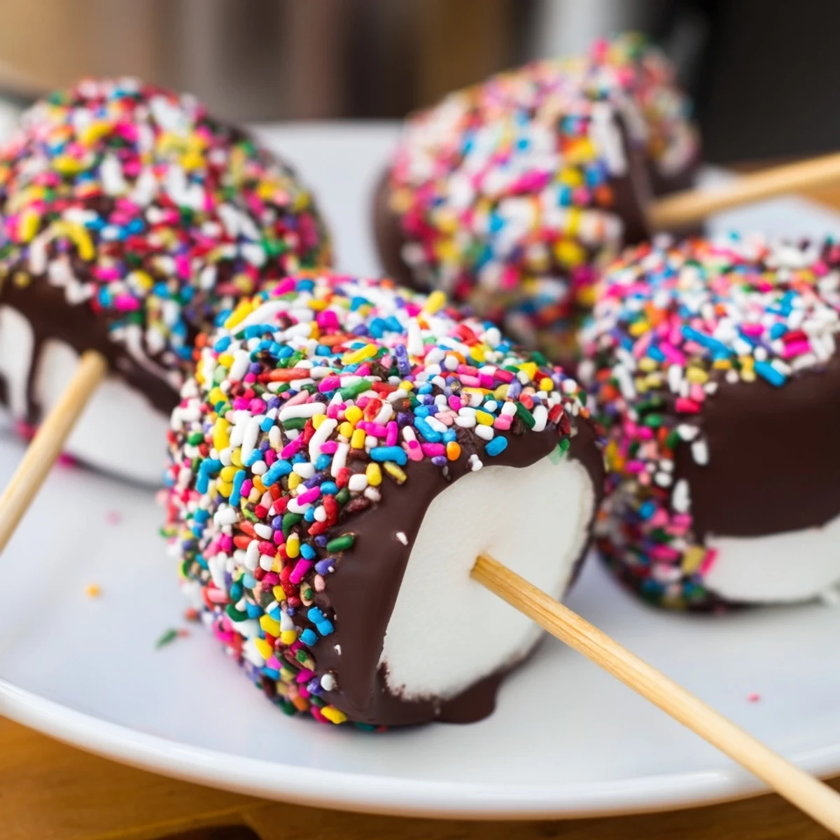 A close-up of Dipped Marshmallows with Sprinkles showing hand-dipped chocolate and colorful sprinkles on a pastel baking sheet.  