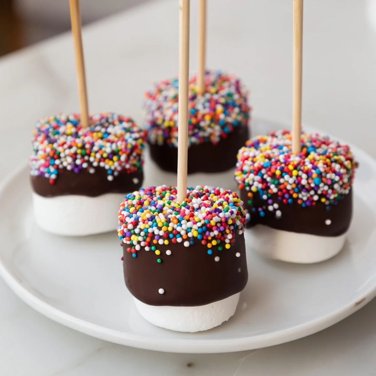 Sweet Dipped Marshallows with Sprinkles on sticks, arranged upright to set, with extra sprinkles scattered nearby for decoration.