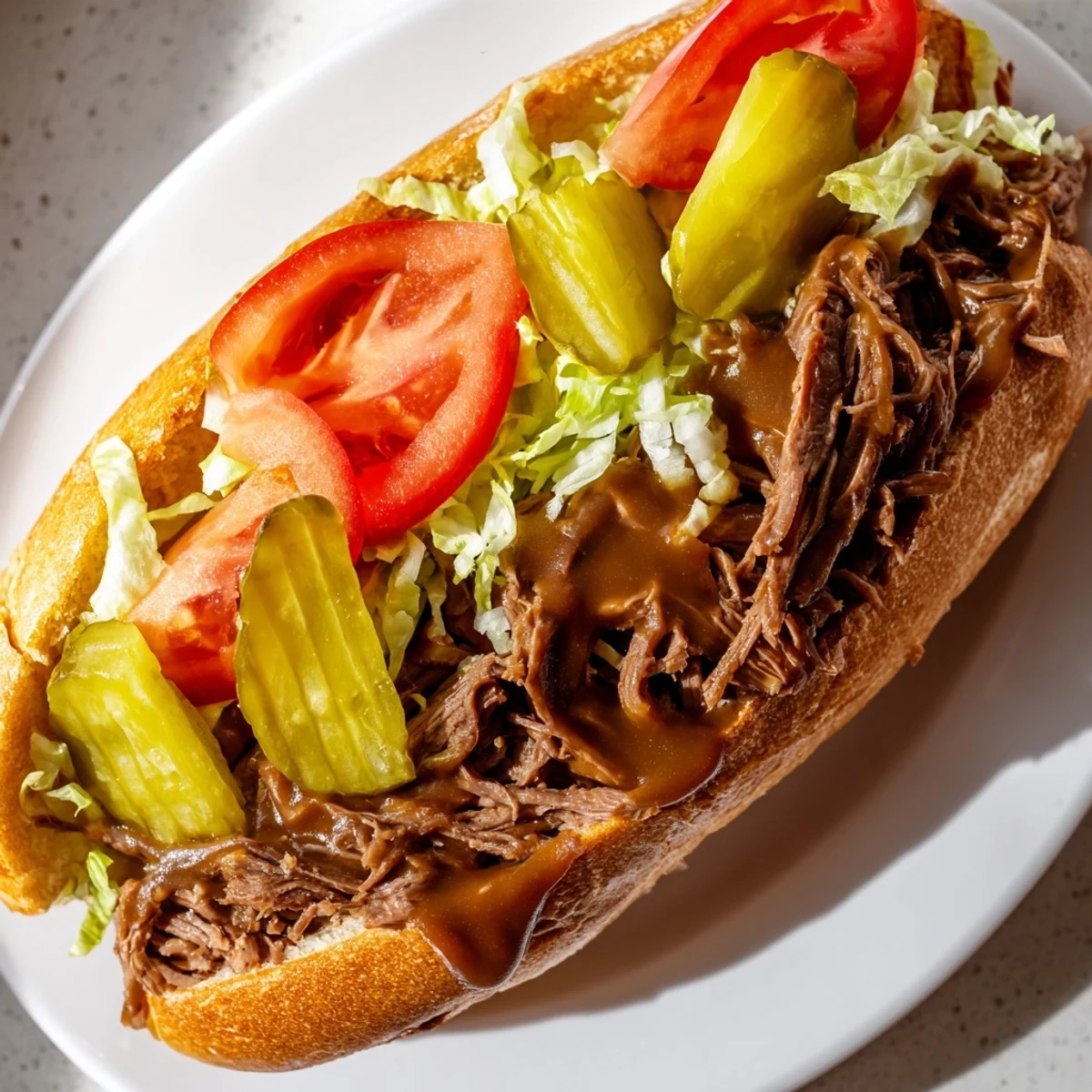 Hot Roast Beef Po Boy Sandwich dripping with rich gravy, topped with fresh lettuce, tomato, and pickles on a hoagie roll.