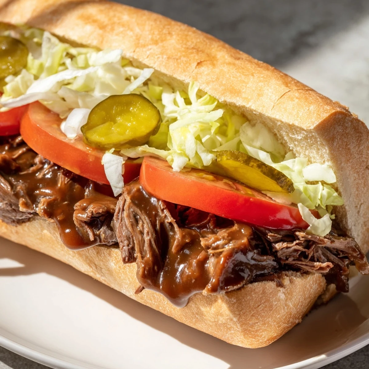 Classic New Orleans Roast Beef Po Boy Sandwich served with golden potato chips and a side of spicy hot sauce.
