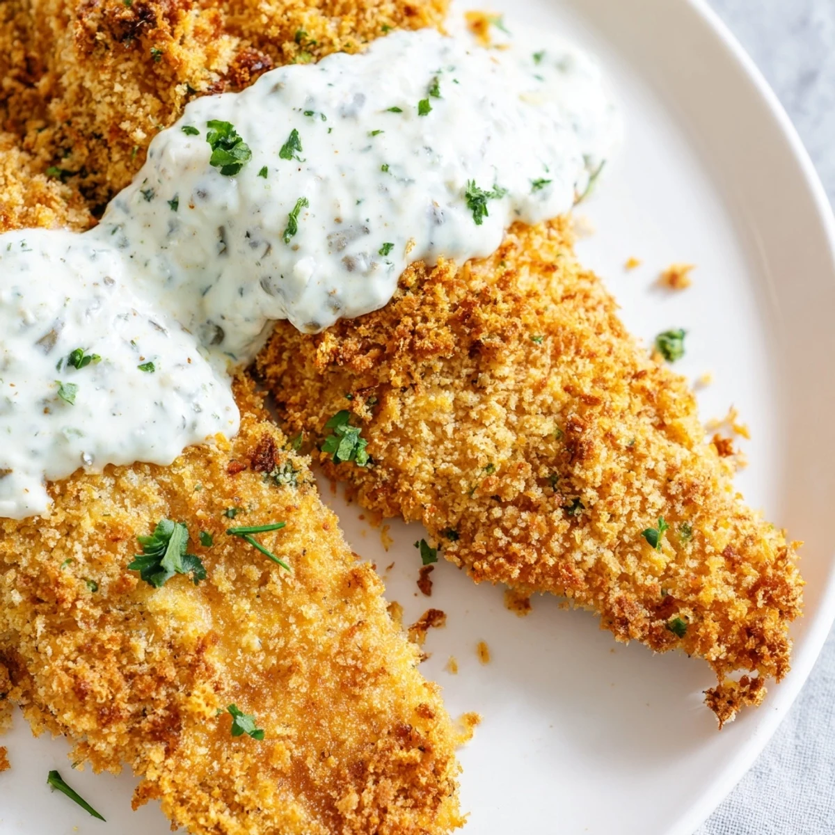 Crispy golden-brown fish fillets stacked on a plate, served with creamy homemade tartar sauce and lemon wedges for a classic Fish Fry.