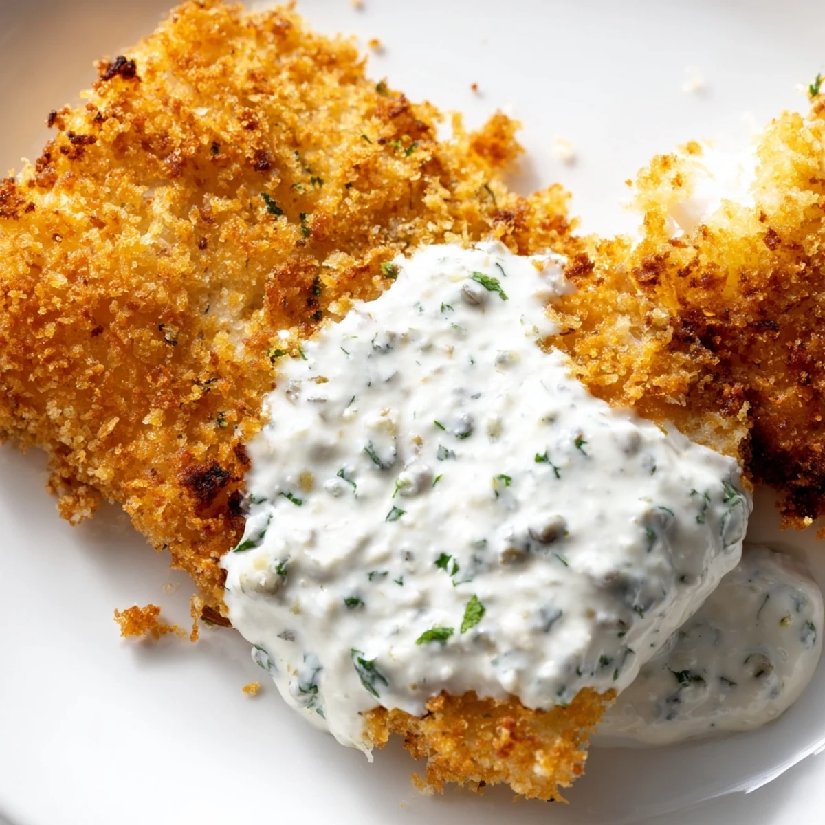 A close-up shot of the Fish Fry showing crunchy breadcrumbs and flaky white fish, paired with a small bowl of tangy tartar sauce.