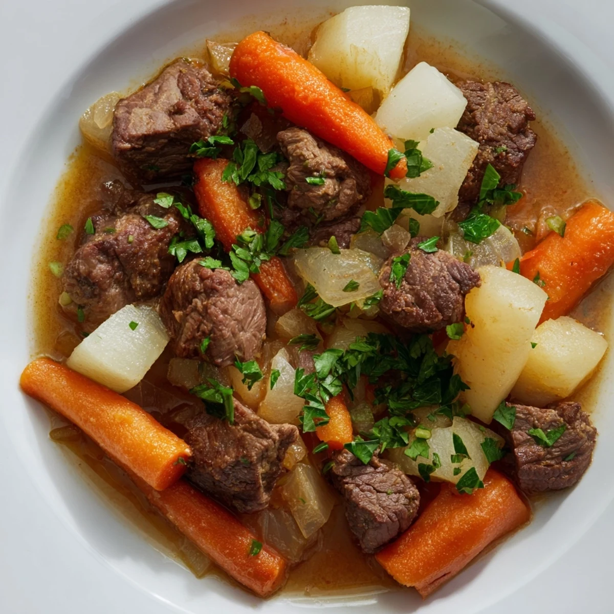 Hearty Lamb Stew with Root Vegetables simmered in a savory broth, garnished with fresh parsley and served hot.