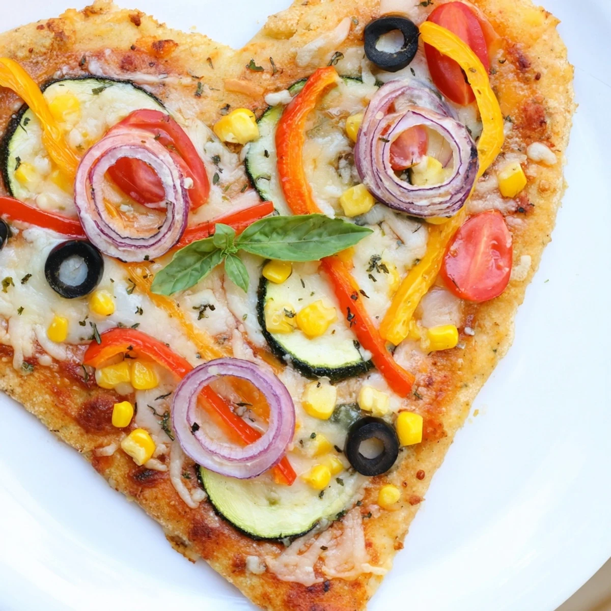 The Heart Shaped Vegetable Pizza showcases a golden, crispy crust loaded with colorful peppers, onions, and melty mozzarella.