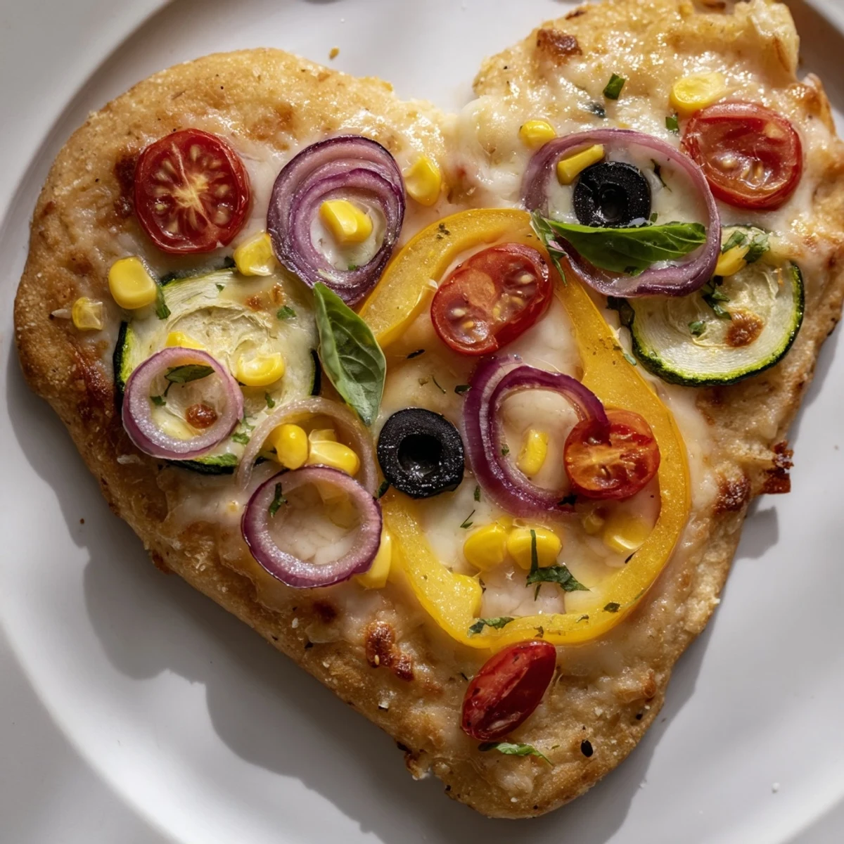 Freshly baked Heart Shaped Vegetable Pizza, with cherry tomatoes and black olives on a rustic wooden table.