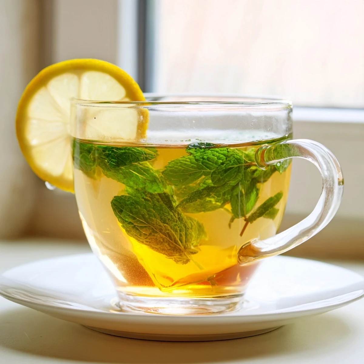 Freshly steeped Mint Tea with Honey and Lemon steams in a clear glass mug, garnished with lemon slices and vibrant mint sprigs.