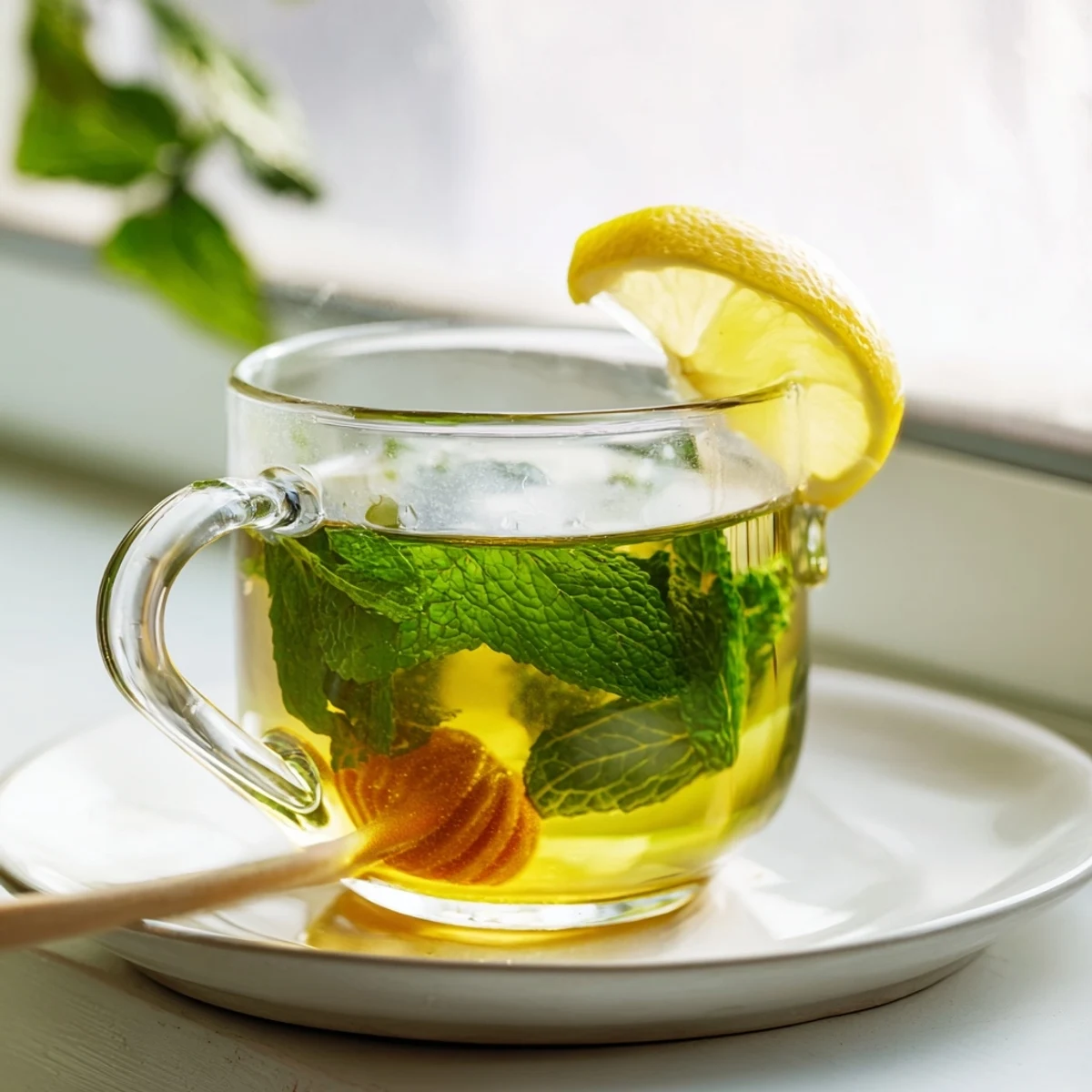 Close-up of steeped Mint Tea with Honey and Lemon, showing golden liquid, lemon rounds, and fresh mint leaves in a rustic mug.