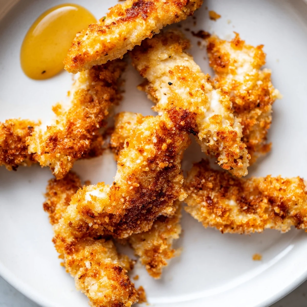 Crispy baked Chicken Tenders with Honey Mustard on a plate next to a small dipping cup.