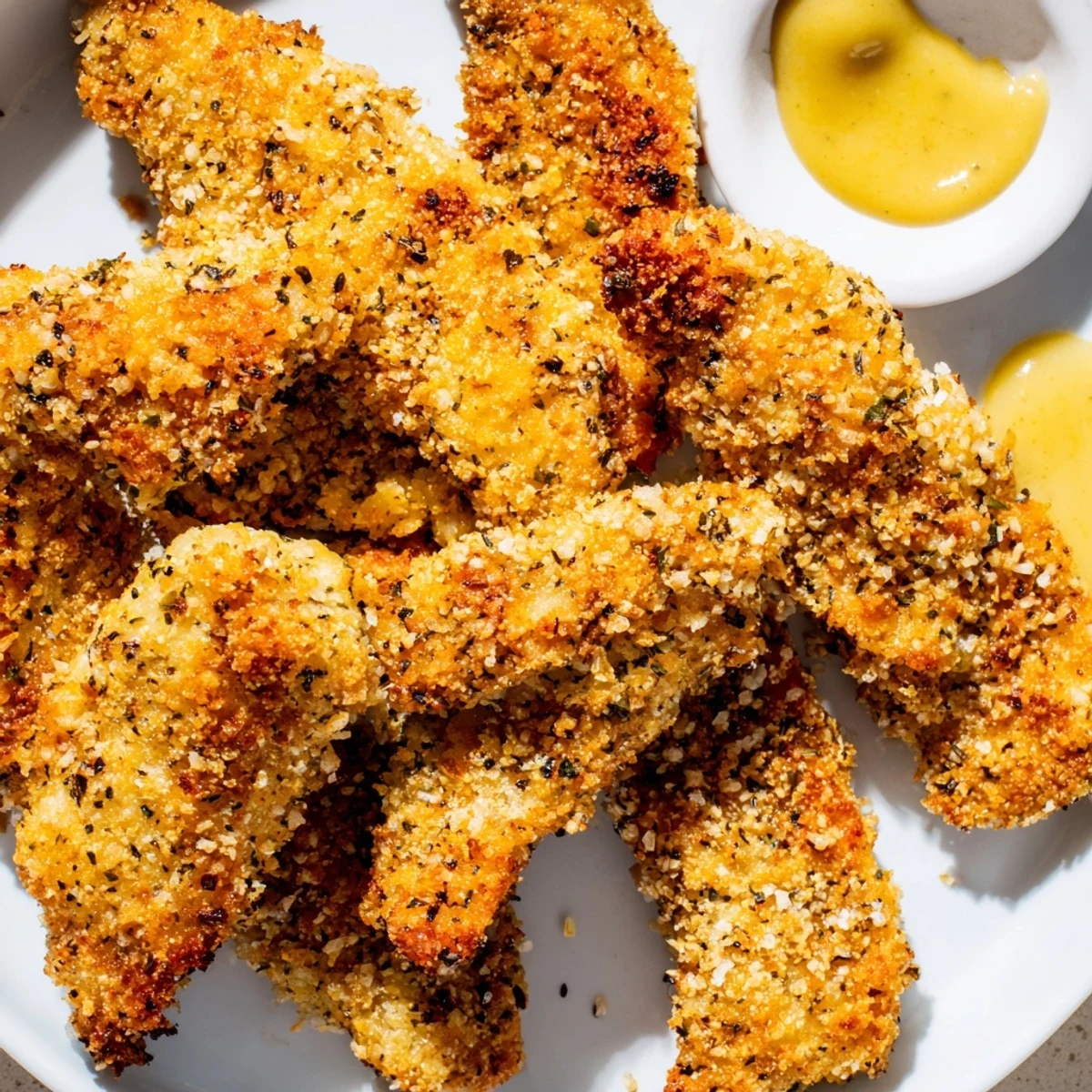 Golden, oven-baked Chicken Tenders with Honey Mustard placed on a rustic wooden serving board.