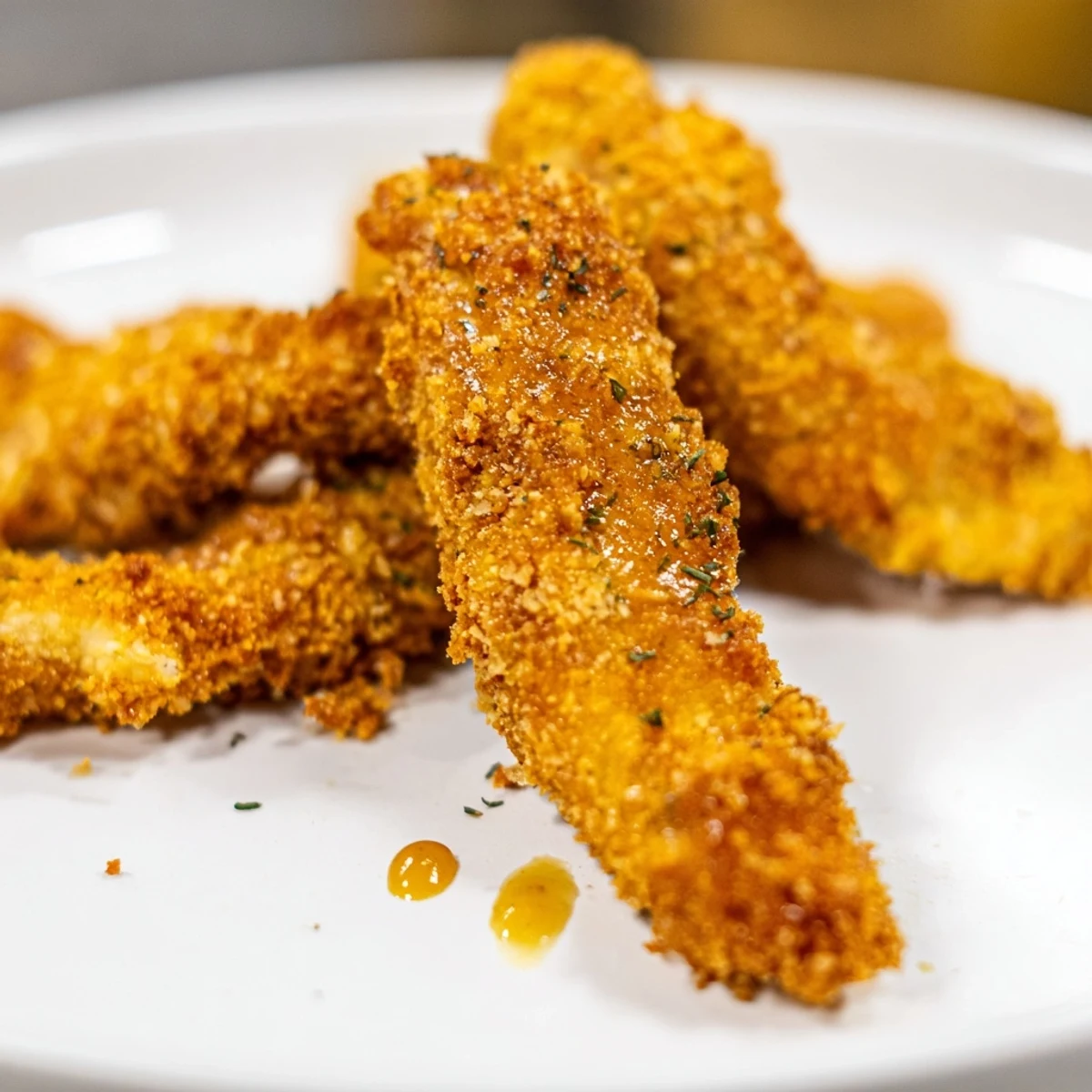 Homemade Chicken Tenders with Honey Mustard, perfectly crispy and served alongside fresh lemon wedges.