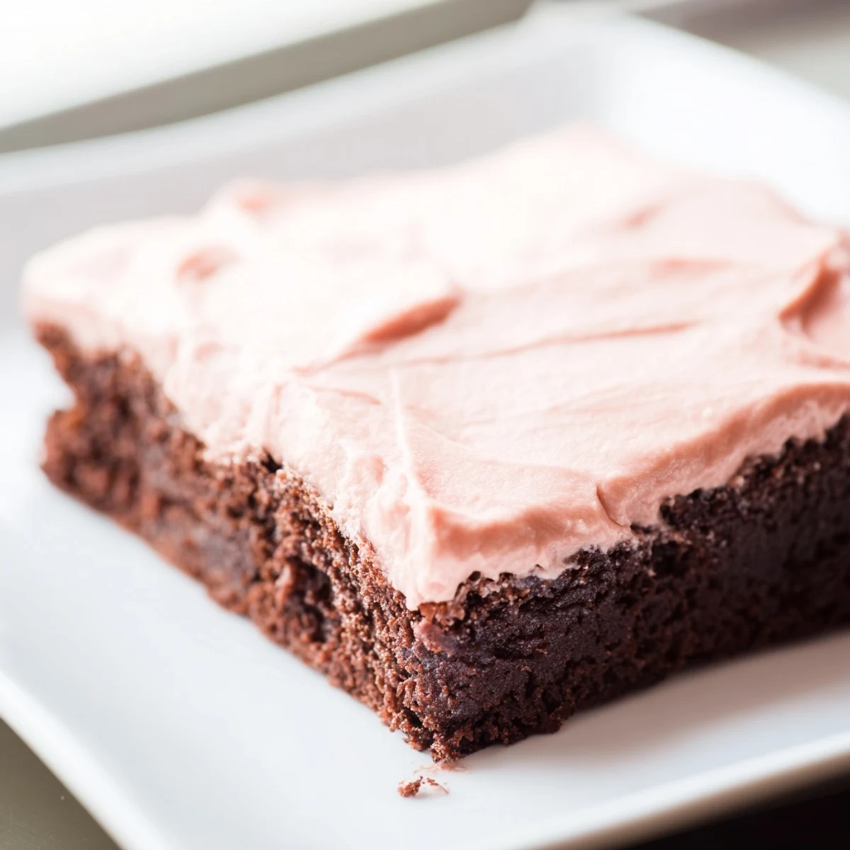 A close-up of one square of Brownies with Pink Frosting, cut to reveal a moist, dense chocolate interior and glossy pink frosting.