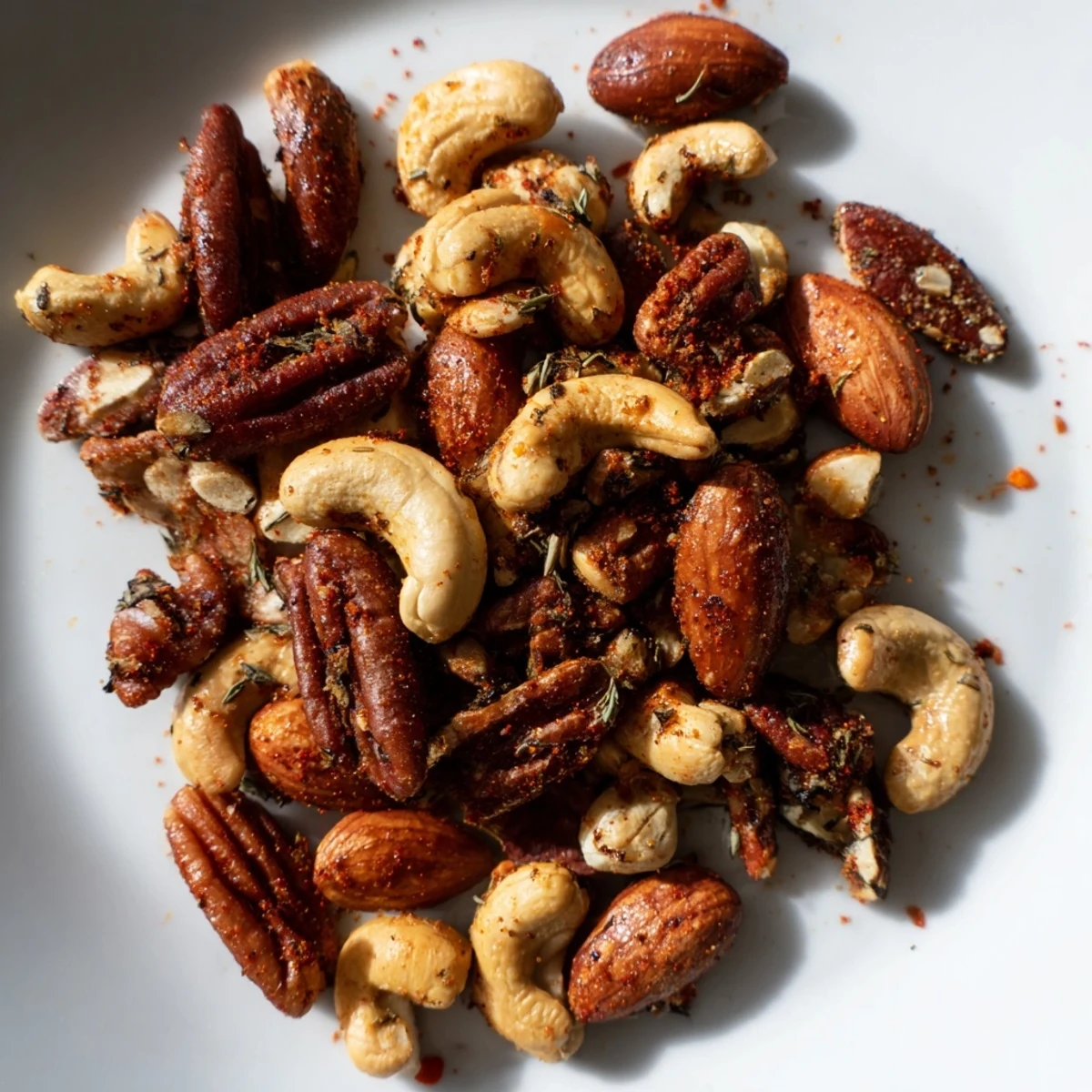 Golden-brown Spicy Nuts Mix with Cajun Seasoning cooling on a baking sheet, exuding a smoky aroma.