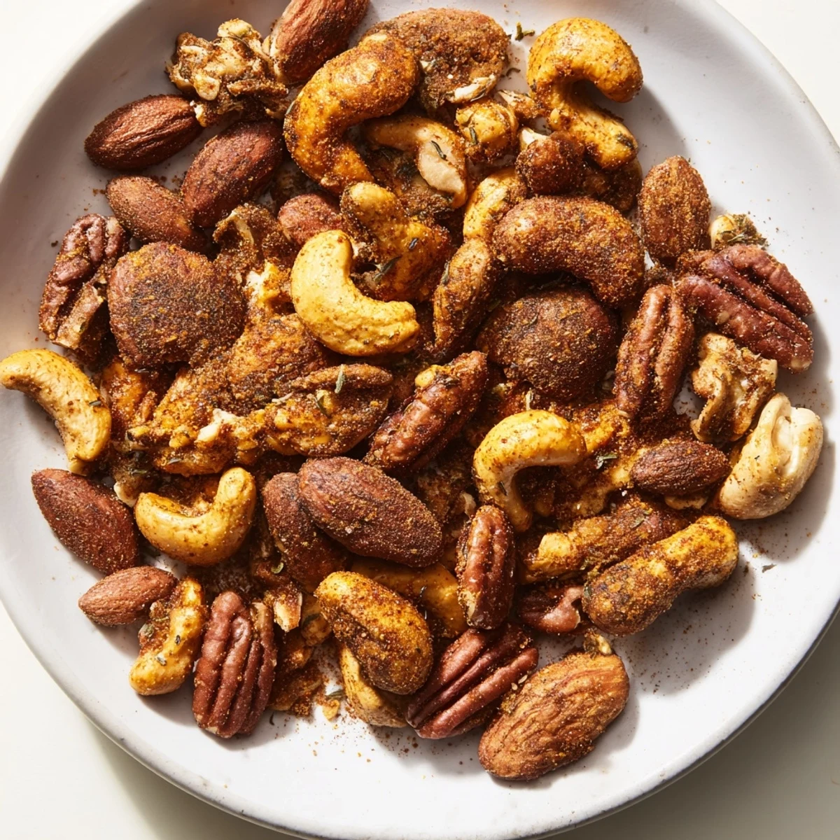Heaping bowl of roasted Spicy Nuts Mix with Cajun Seasoning served alongside a chilled beer.