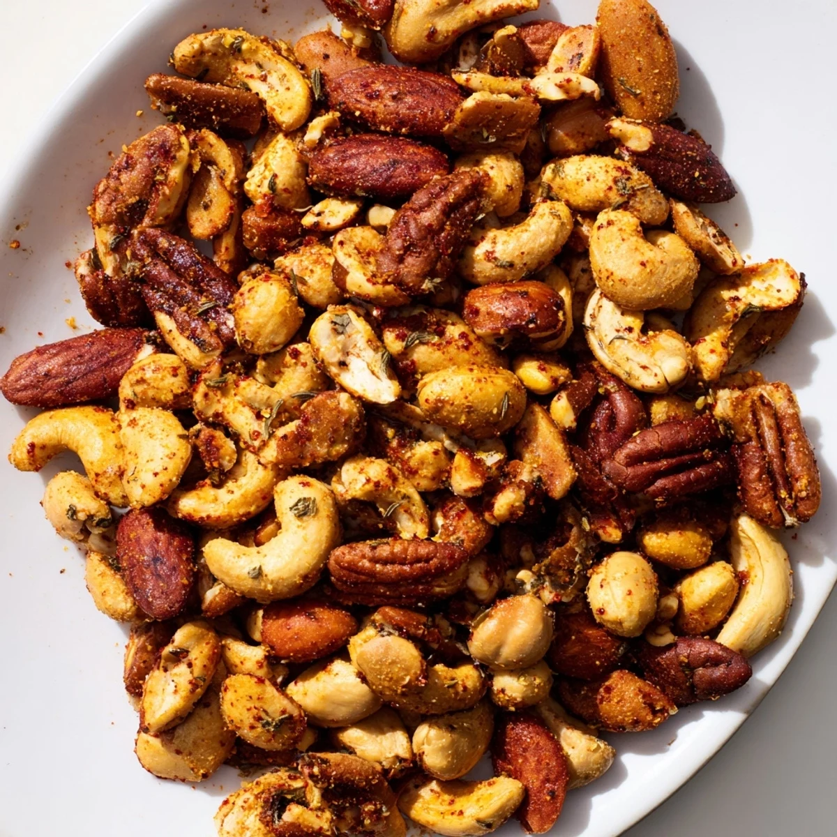 Freshly baked Spicy Nuts Mix with Cajun Seasoning tossed with vibrant herbs and spices.