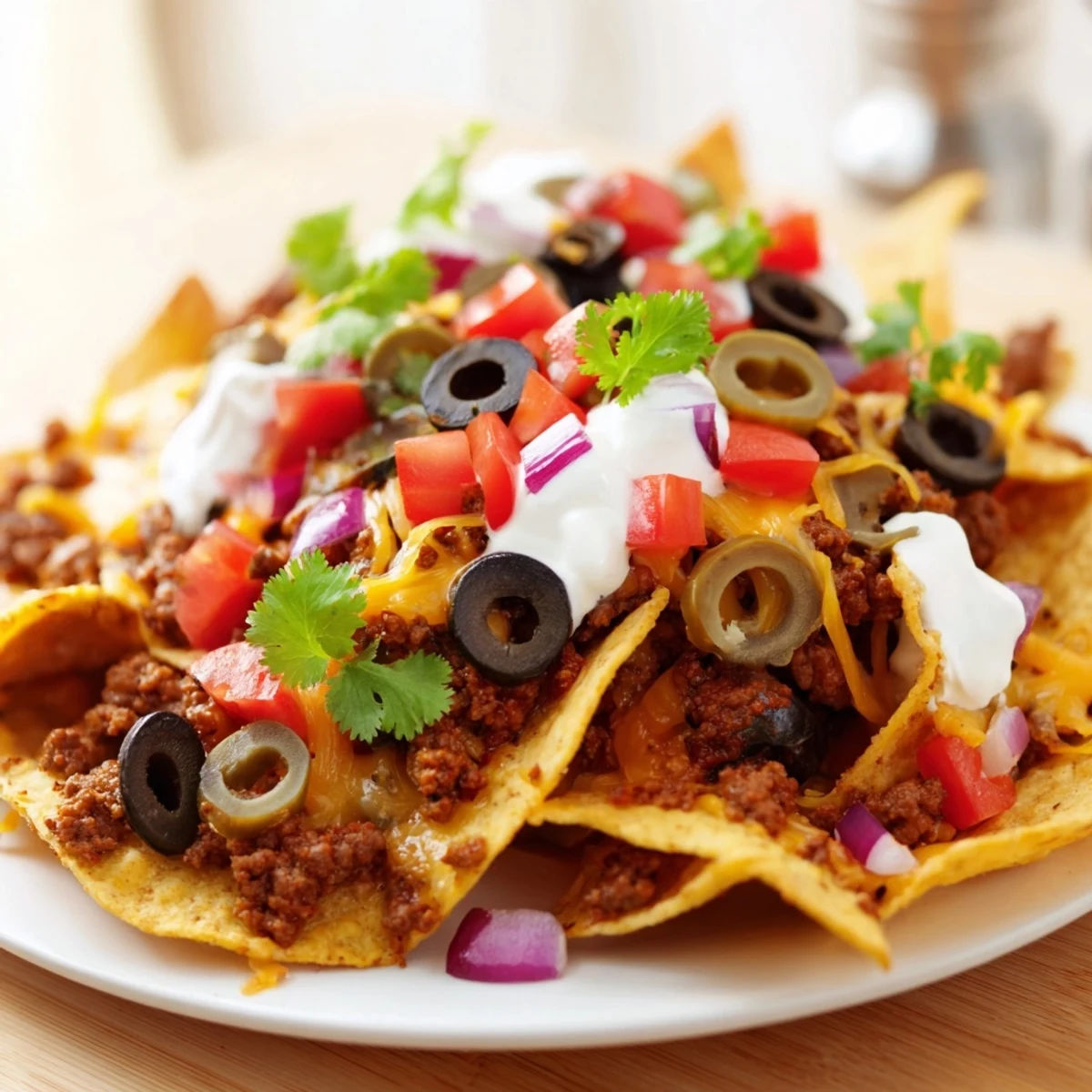 A close-up of golden baked Nachos Supreme drizzled with sour cream, sprinkled with jalapeños, tomatoes, and black olives.