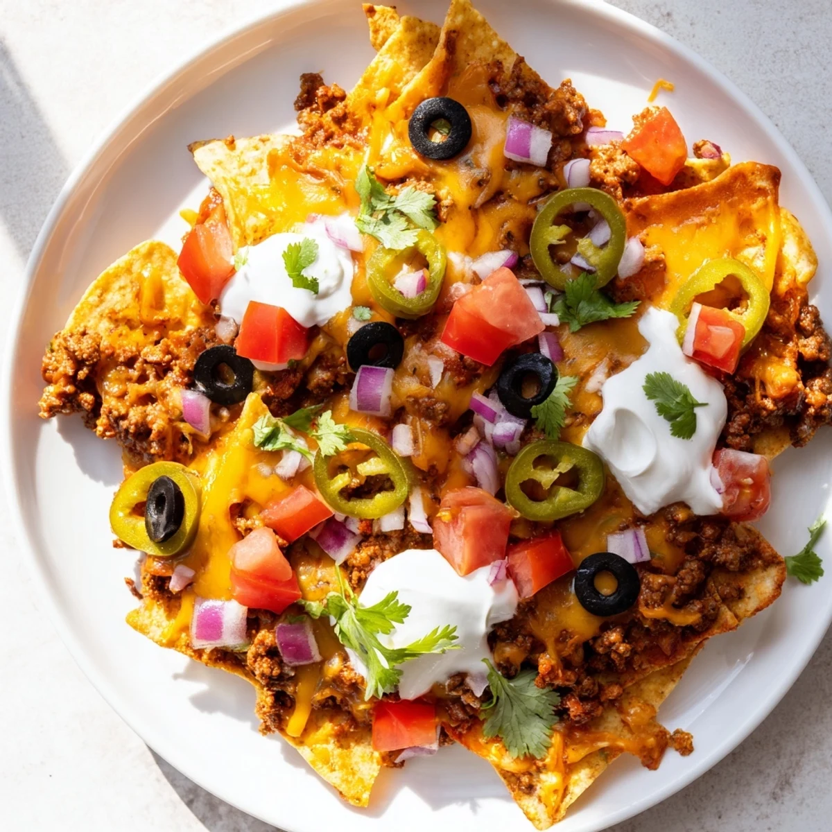 Easy Tex-Mex Nachos Supreme served on a platter with lime wedges, avocado, and red onion for sharing.