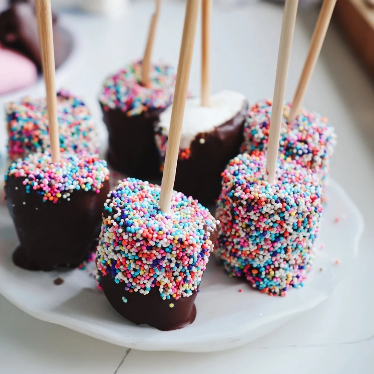 Festive Dipped Marshmallows with Sprinkles on sticks, coated in glossy melted chocolate and dotted with colorful sprinkles for a party-ready treat.