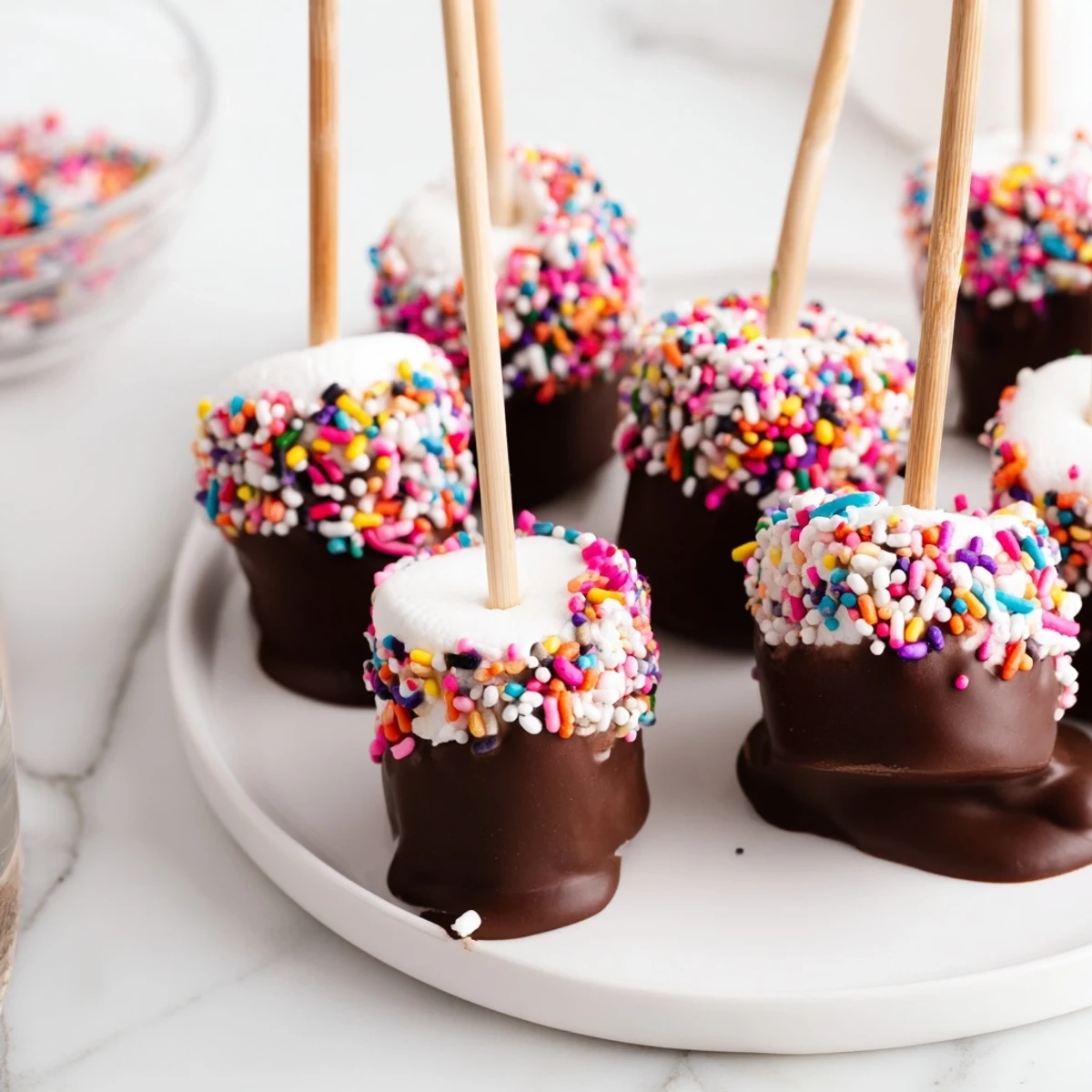 Creamy Dipped Marshmallows with Sprinkles arranged on a white plate, showing gooey marshmallow peeking through a rich chocolate shell.