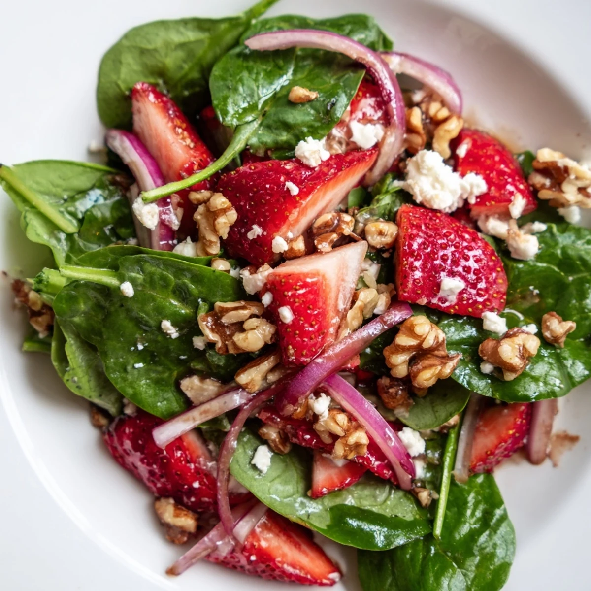 Fresh baby spinach and sliced strawberries tossed in tangy balsamic vinaigrette, topped with crunchy walnuts, perfect for a light lunch.  