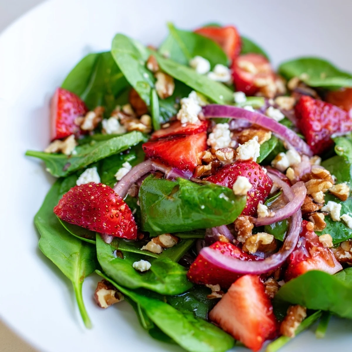 A simple, elegant Strawberry Spinach Salad with Walnuts served on a white plate, ideal for summer picnics or dinner parties.