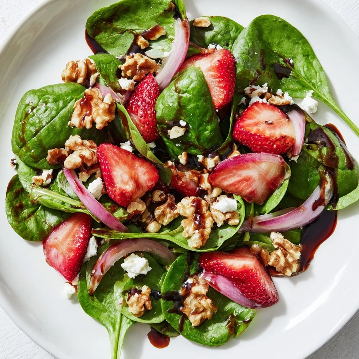 Vibrant spring salad with sweet strawberries, crisp spinach, chopped walnuts, and creamy feta, beautifully dressed for a healthy, colorful meal.  