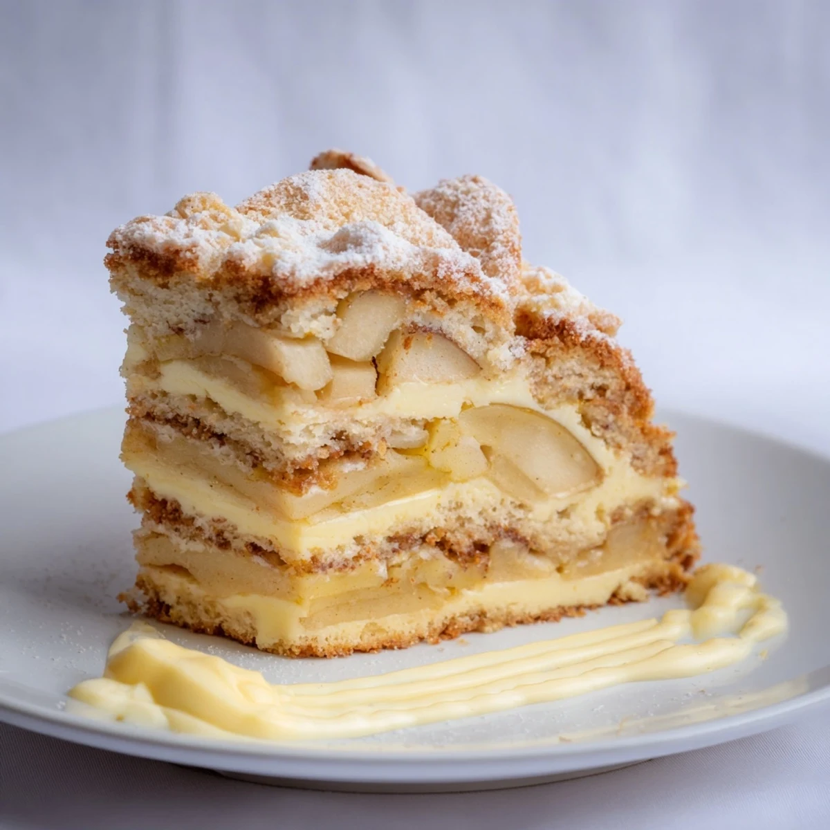 A slice of Irish Apple Cake with Custard rests on a white plate, showcasing tender apples in a golden, buttery cake.