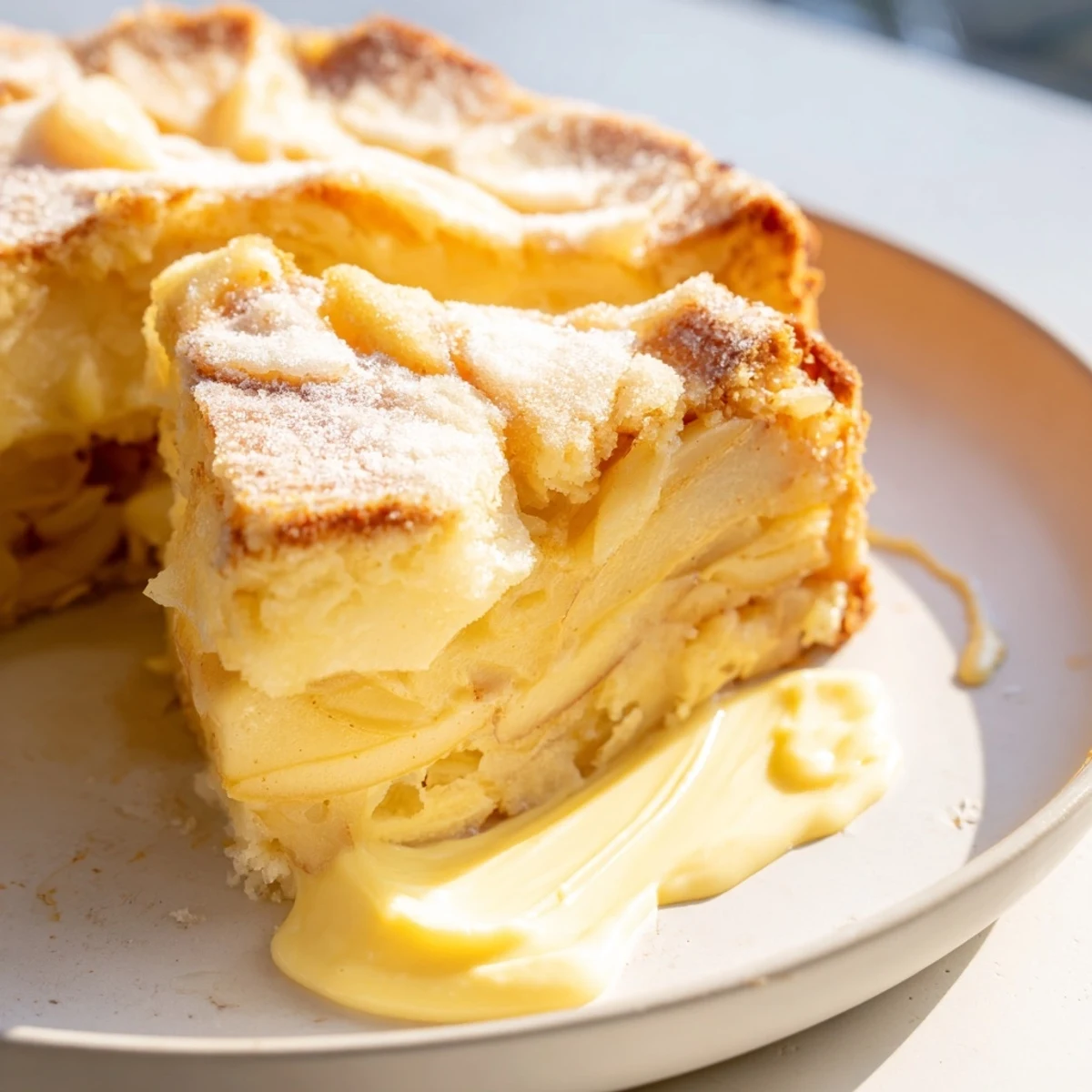 A warm slice of Irish Apple Cake with Custard, drizzled with creamy vanilla custard, ready to be enjoyed with a cup of tea.