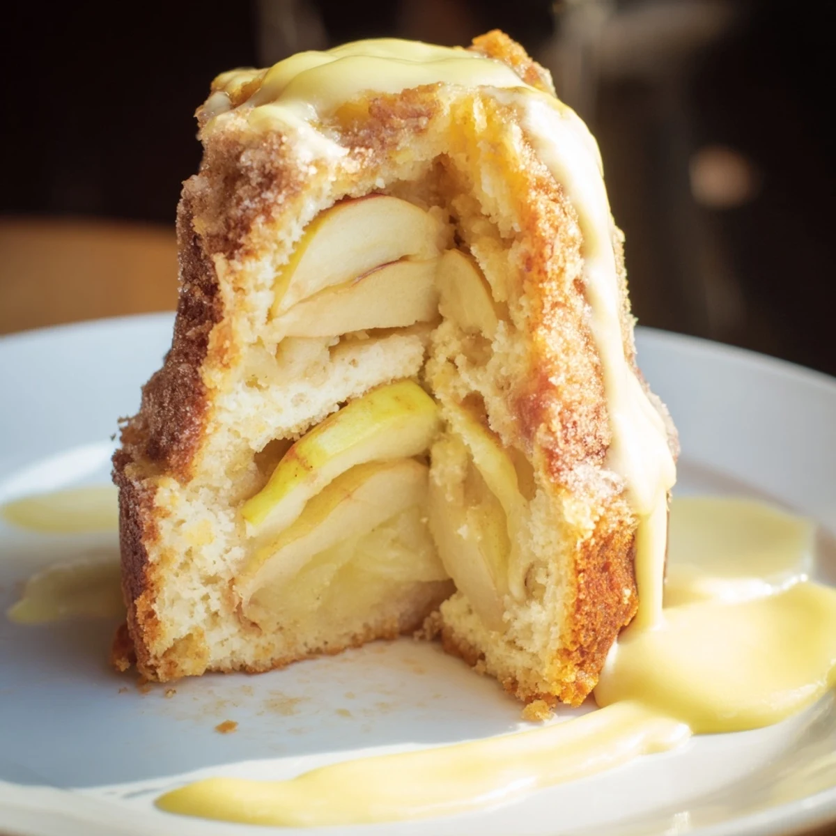 Freshly baked Irish Apple Cake with Custard sits beside a small pitcher of homemade custard on a rustic wooden table.