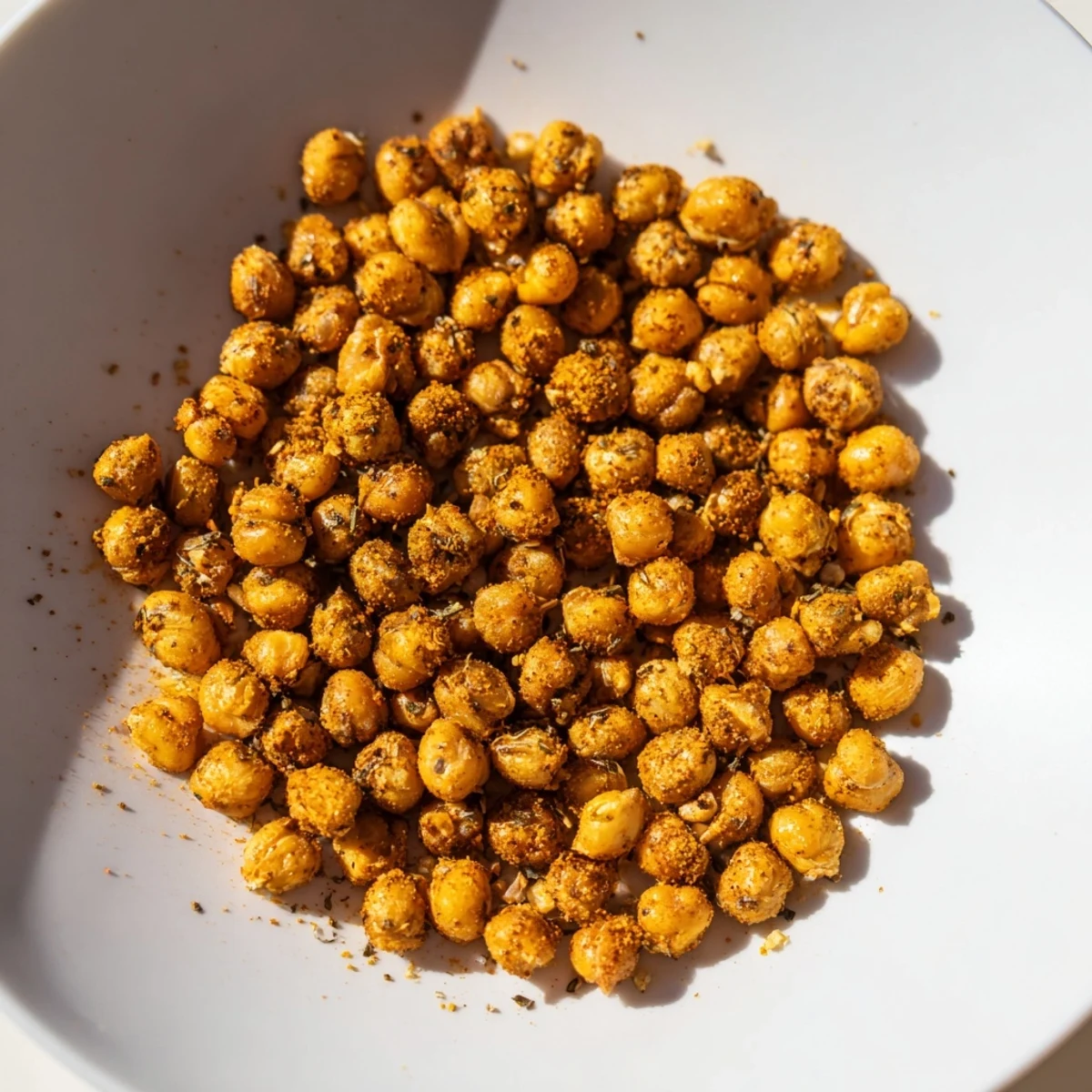 Crispy Cajun Spiced Roasted Chickpeas in a golden brown pile, seasoned with paprika and cayenne pepper for a bold kick.