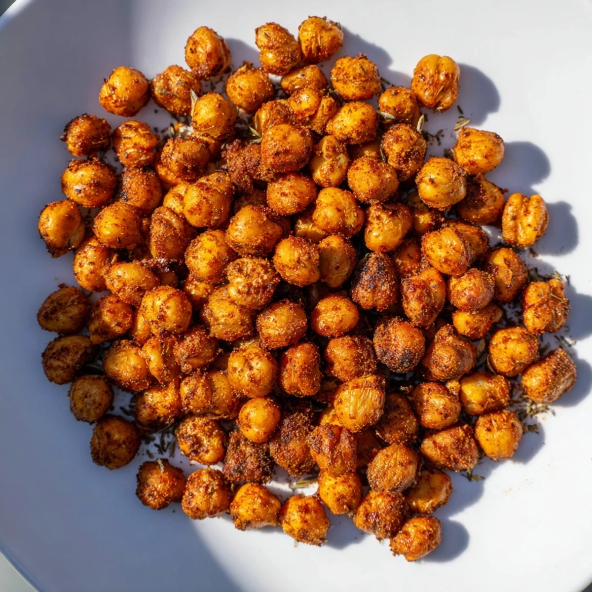 Vegan Cajun Spiced Roasted Chickpeas arranged in a rustic bowl, featuring a crunchy texture and vibrant red and orange spices.