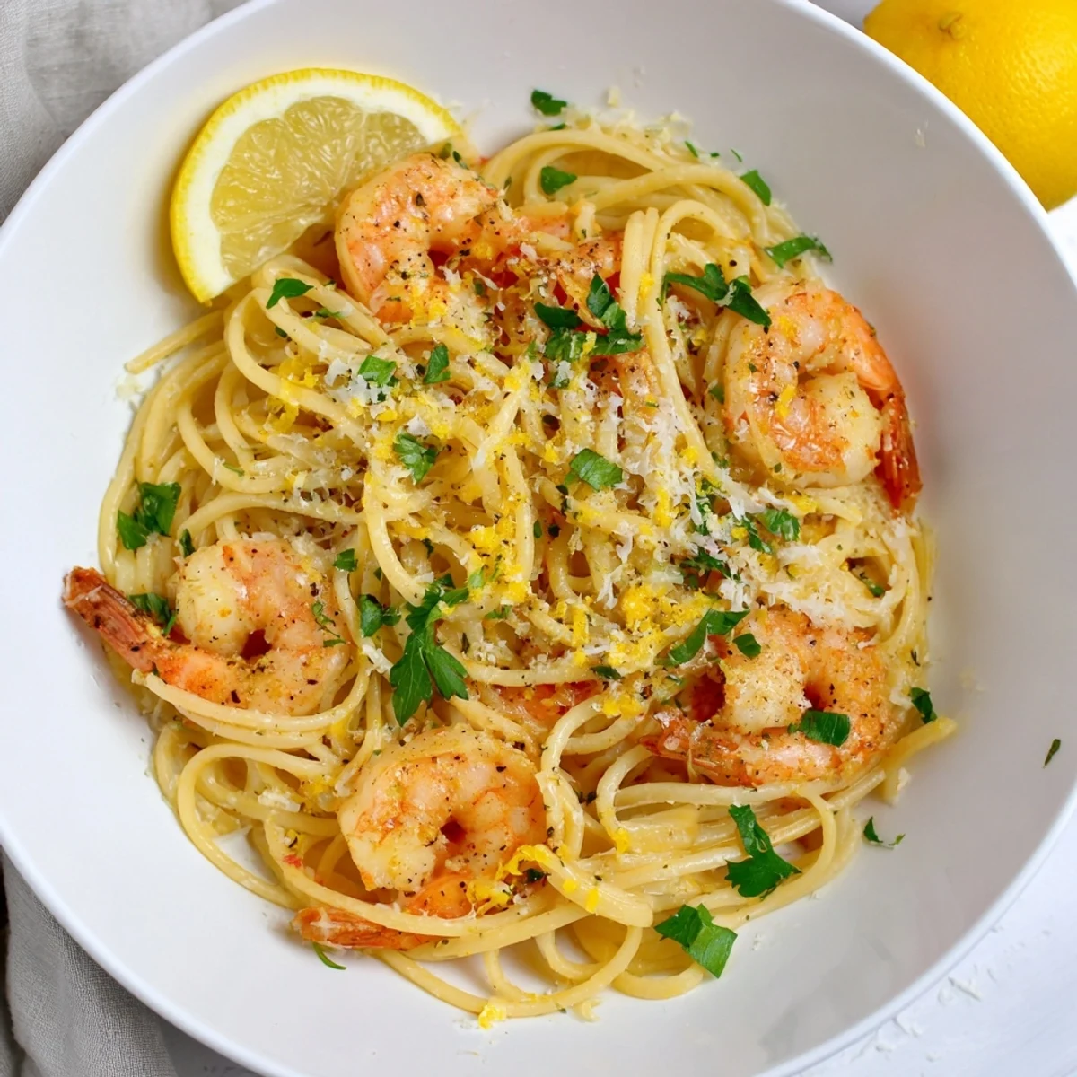 A close-up of Lemon Garlic Shrimp Pasta with glossy, garlicky sauce clinging to al dente spaghetti and plump pink shrimp.  