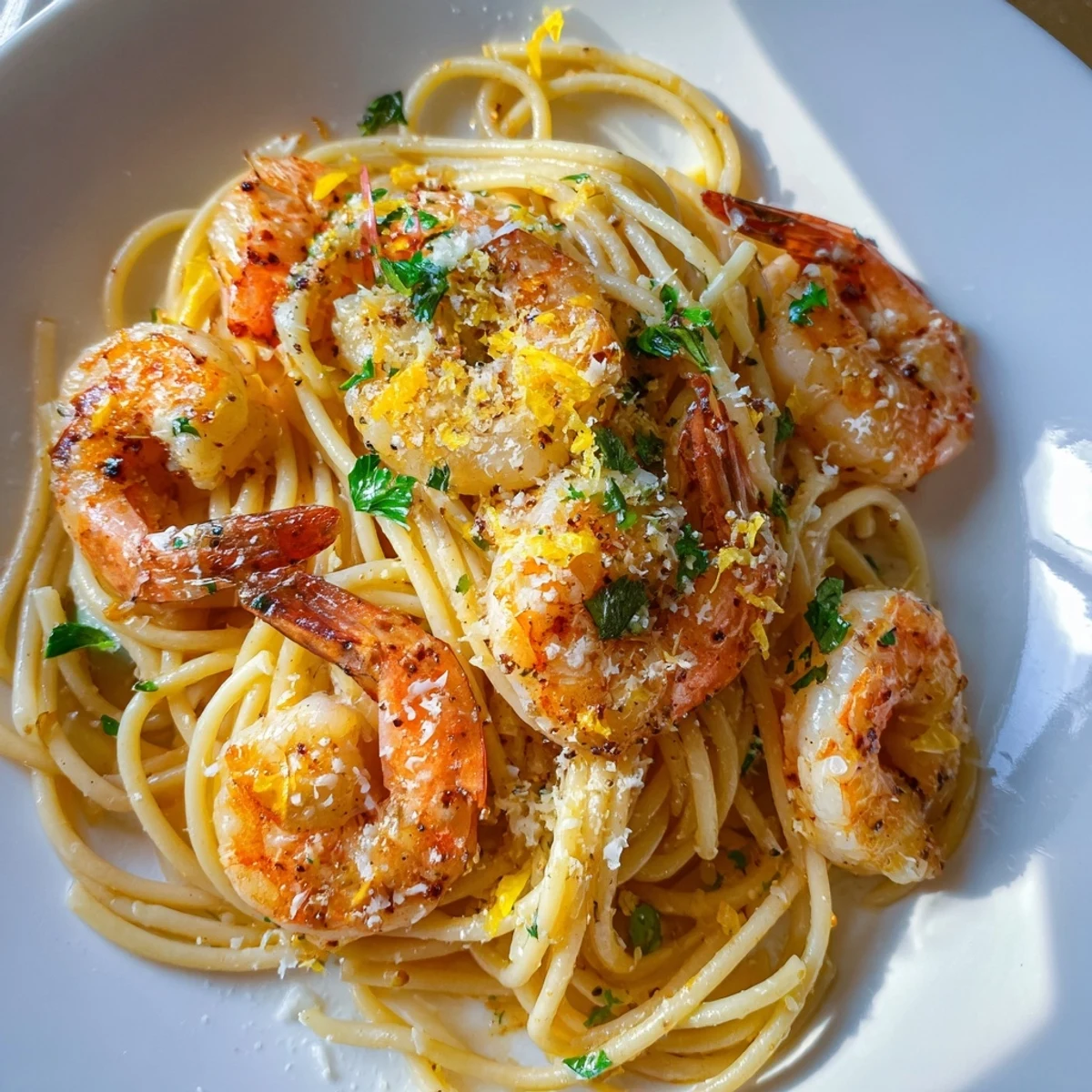 In a shallow white bowl, Lemon Garlic Shrimp Pasta is garnished with fresh parsley, grated Parmesan, and lemon wedges.  