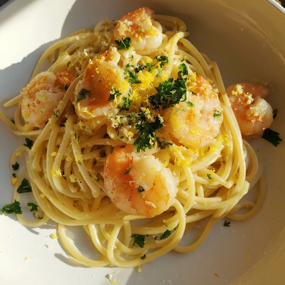 A fork twirls a portion of Lemon Garlic Shrimp Pasta beside a glass of crisp white wine on a rustic table.