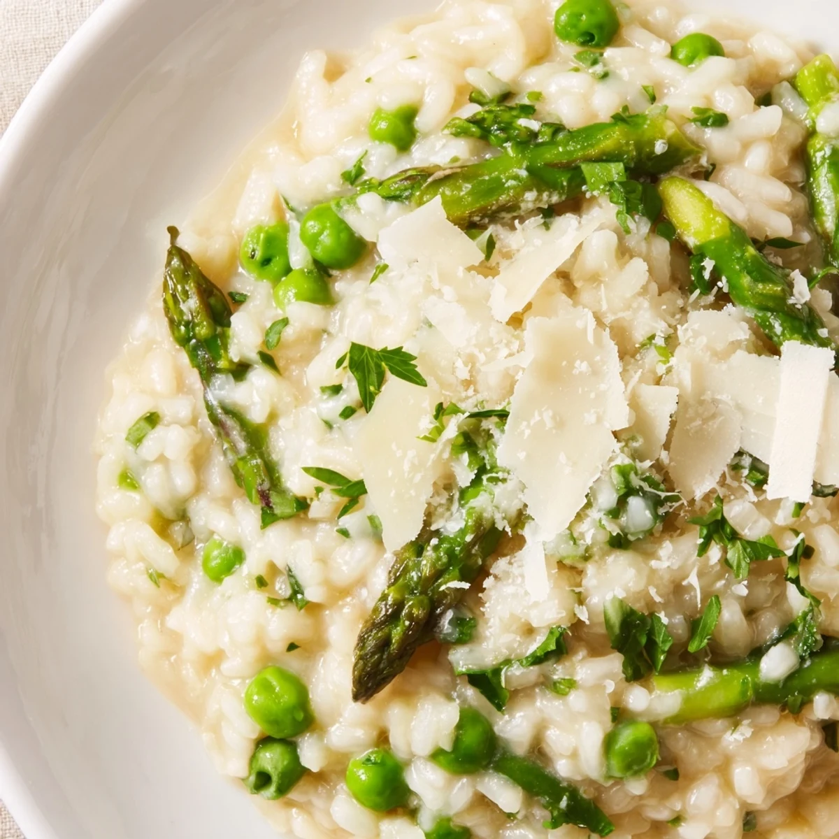 Close-up of Spring Pea and Asparagus Risotto in a white bowl, with bright green peas and tender asparagus specks in creamy Arborio rice, garnished with fresh parsley and lemon zest. 