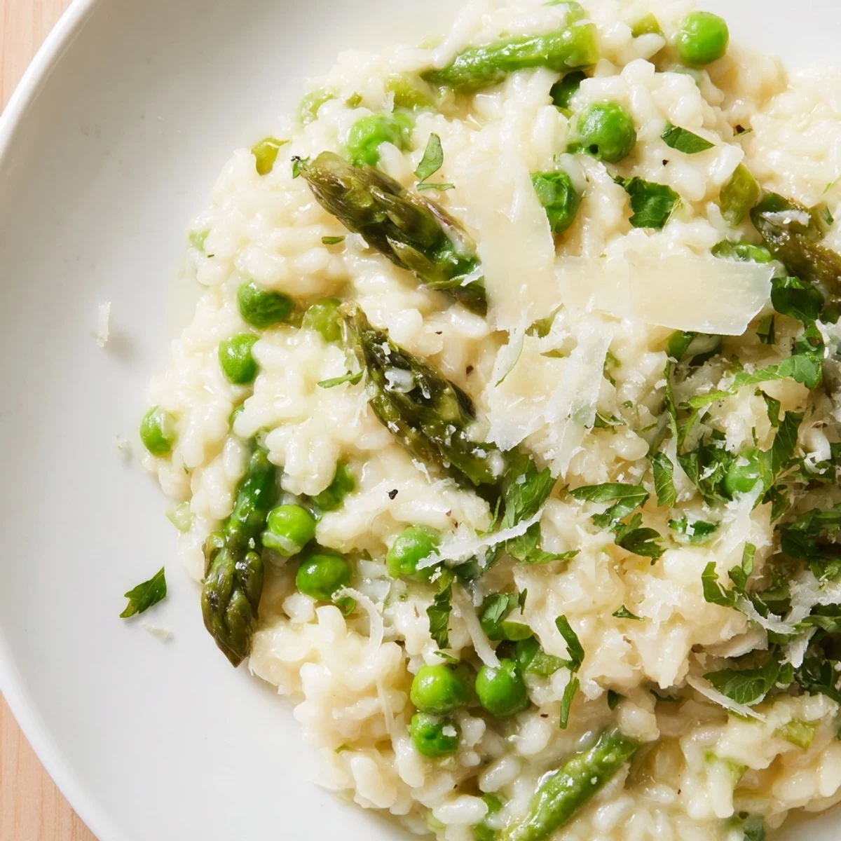 Steaming Spring Pea and Asparagus Risotto served as a main dish, topped with shaved Parmesan and a drizzle of olive oil on a rustic wooden table. 