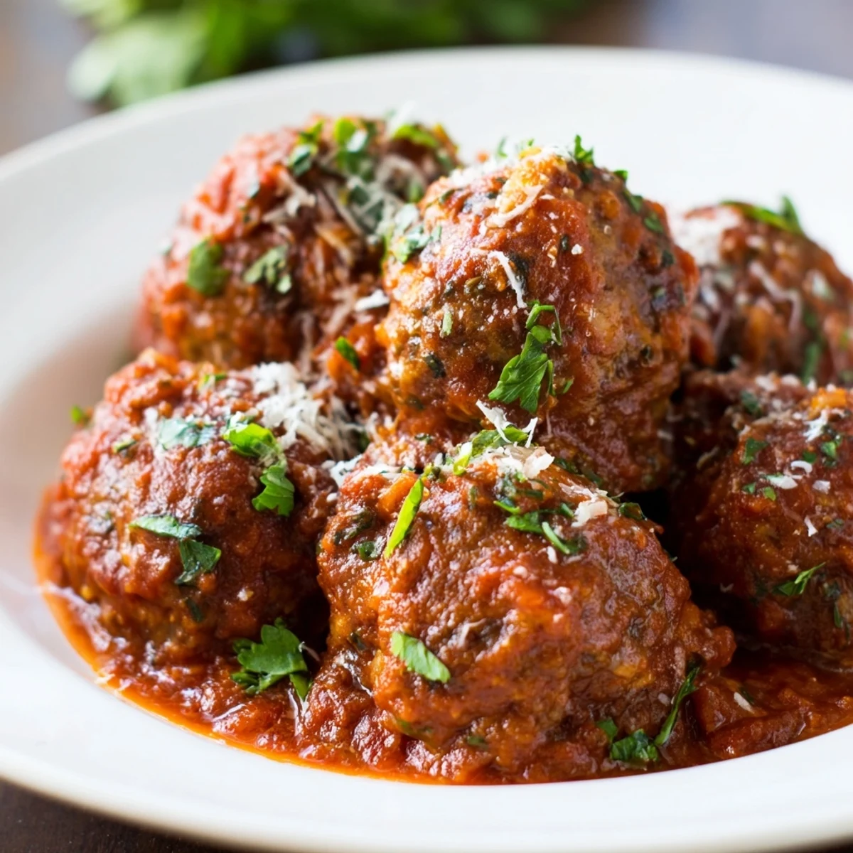Glossy beef meatballs in marinara sauce on spaghetti, garnished with basil and Parmesan, perfect for a cozy Italian dinner.