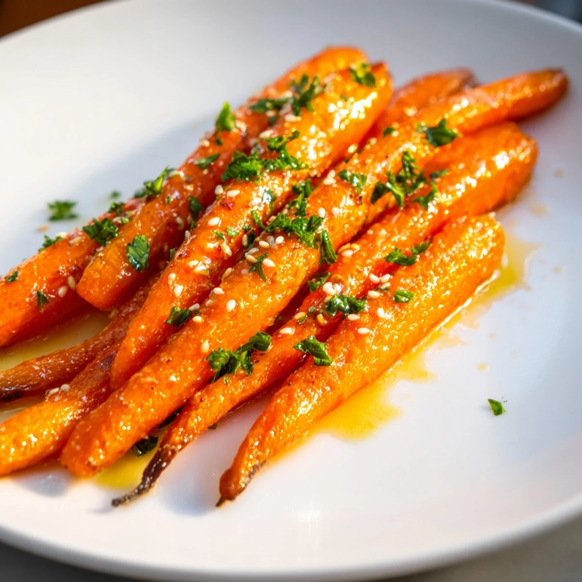 Freshly roasted carrots with honey glaze arranged on a white plate, garnished with parsley and sesame seeds.