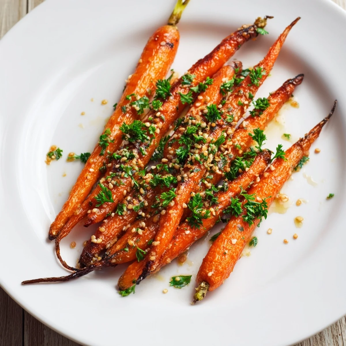 Roasted Carrots with Honey Glaze glistening on a baking sheet, served warm alongside a rustic dinner plate.