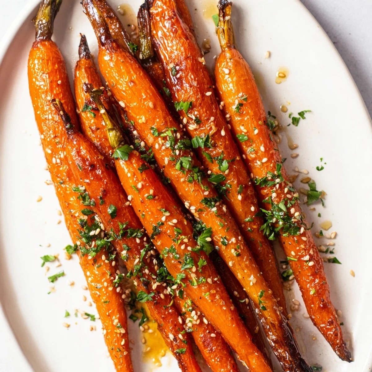 Close-up of Roasted Carrots with Honey Glaze showcasing tender, caramelized edges and a drizzle of golden glaze.