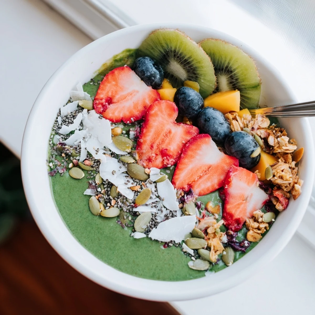 A close-up of a vibrant Green Smoothie Bowl with Toppings, showcasing creamy green base topped with fresh strawberries, granola, and chia seeds.  