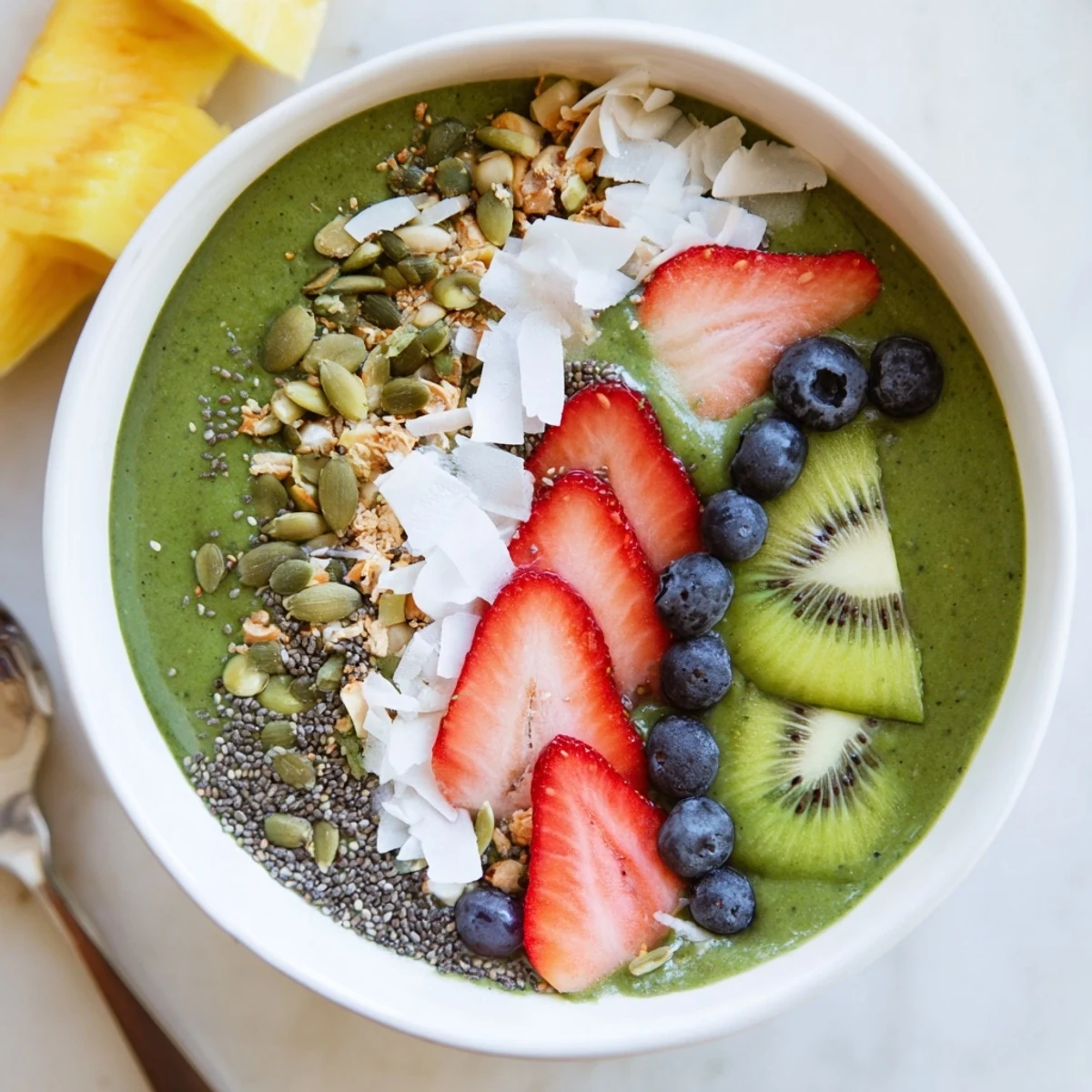 Two servings of a refreshing Green Smoothie Bowl with Toppings, featuring bright tropical fruit and crunchy granola for a wholesome breakfast.  
