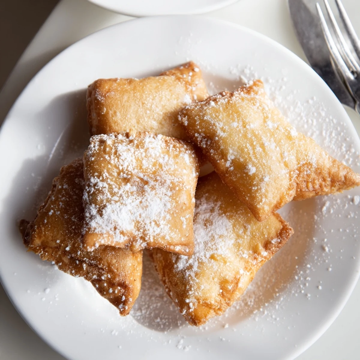 A close-up of Mardi Gras Fried Dough with Sugar shows crispy edges, tender centers, and sparkling sugar glistening in the light.