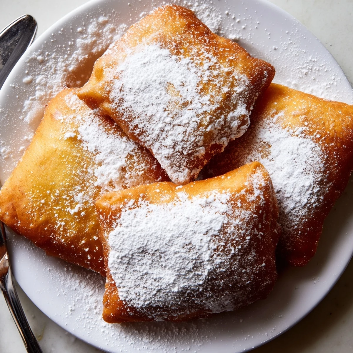 Golden, dusted Mardi Gras Fried Dough with Sugar pieces are piled on a plate, soft and warm with a delicate crunch.