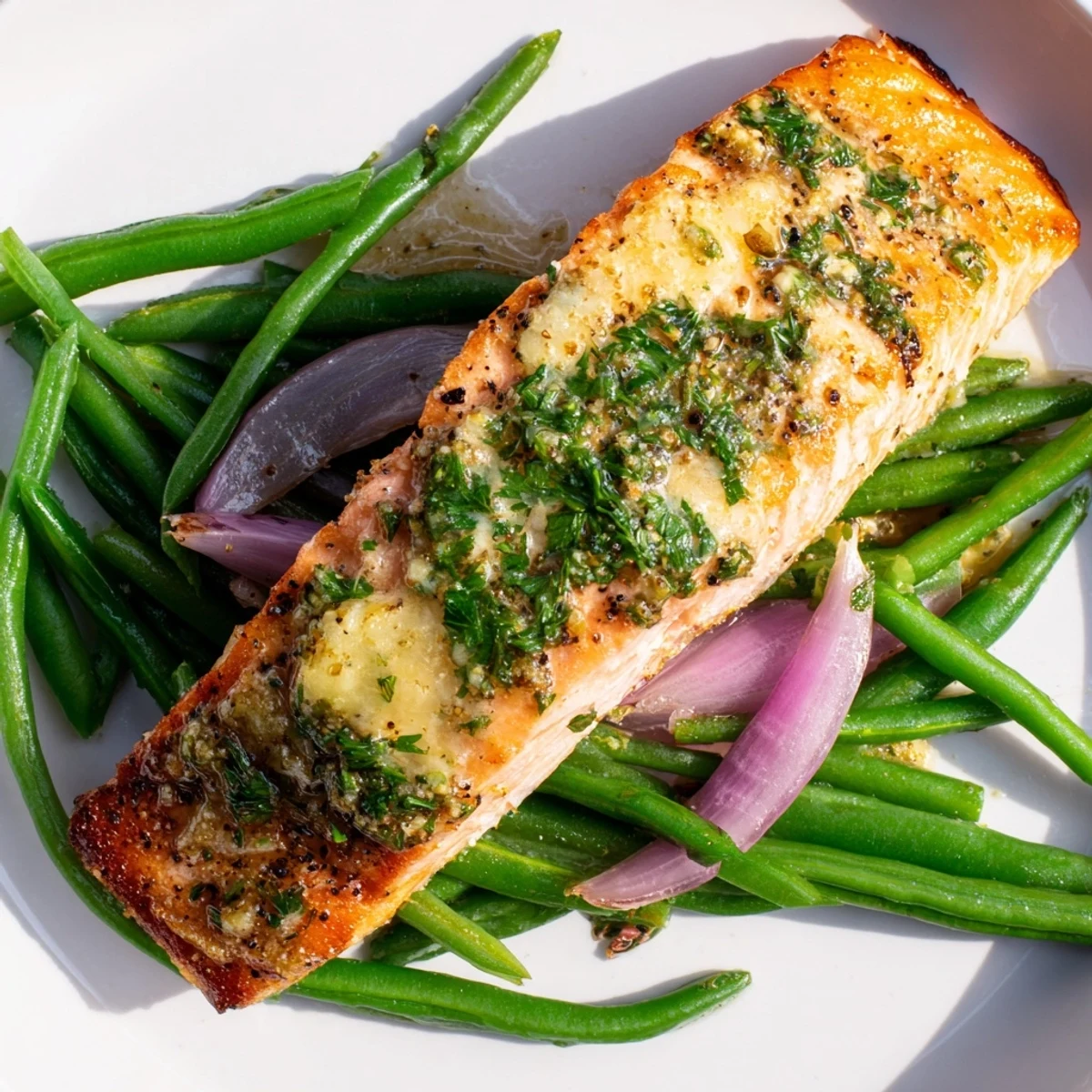 Four roasted salmon fillets and crisp green beans arranged on a sheet pan, drizzled with lemon-garlic butter and garnished with fresh parsley.  